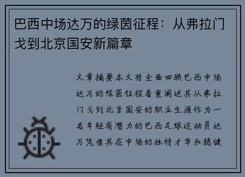 巴西中场达万的绿茵征程：从弗拉门戈到北京国安新篇章